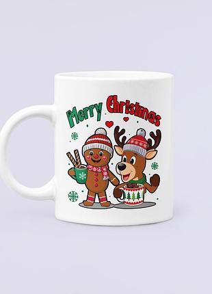 Чашка керамическая кружка с принтом merry christmas пряник и олень белая 330 мл