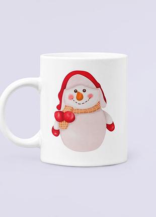Чашка керамическая кружка с принтом снеговик в шапке новый год белая 330 мл