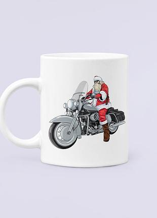 Чашка керамічна кружка з принтом санта байкер біла 330 мл