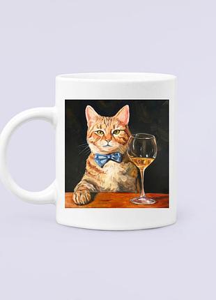 Чашка керамічна кружка з принтом кіт з келихом вина, біла 330 мл