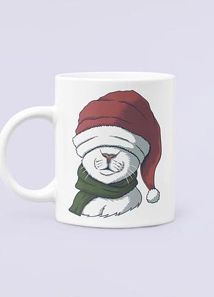 Чашка керамічна кружка з принтом кіт у шапці санти біла 330 мл