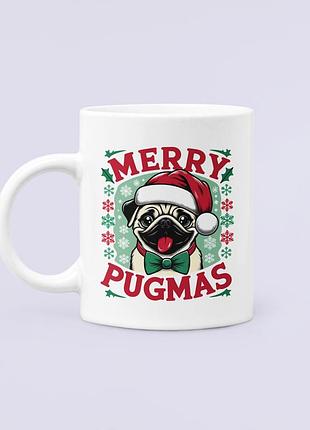 Чашка керамічна кружка з принтом merry pugmas новорічний мопс біла 330 мл