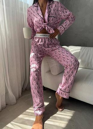 Женская пижама victoria's secret штаны брючный комплект домашней одежды лого принт рубашка воротник сатин