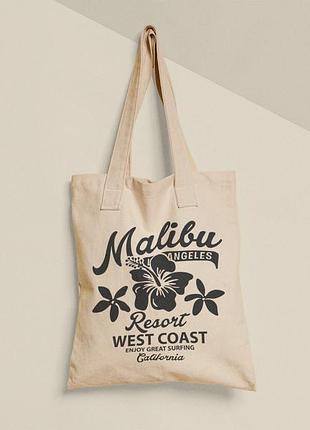 Эко сумка шопер с принтом malibu resort малибу размер 38х40см, хлопок