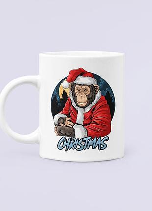 Чашка керамическая кружка с принтом christmas обезьяна санта белая 330 мл