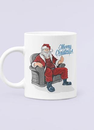 Чашка керамічна кружка з принтом merry christmas санта на кріслі біла 330 мл
