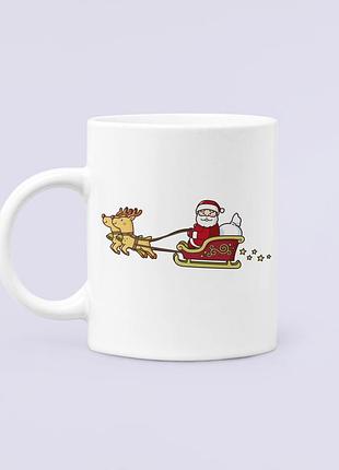 Чашка керамическая кружка с принтом санта на санях белая 330 мл