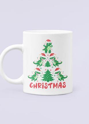 Чашка керамическая кружка с принтом christmas ёлка с динозавров белая 330 мл