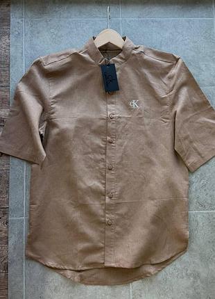 Коричнева лляна сорочка з коротким рукавом calvin klein