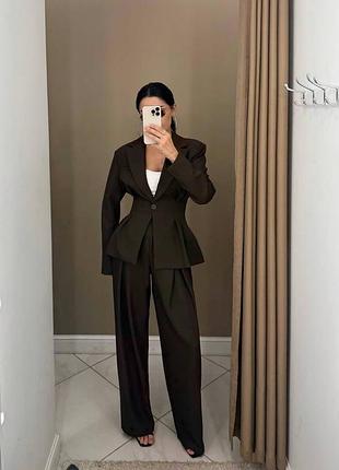 Елегантний костюм чорний або шоколад, висока посадка штанів, піджак з плечиками, костюмка, р-р 42-44, 46-48 ✨ мод.2093
