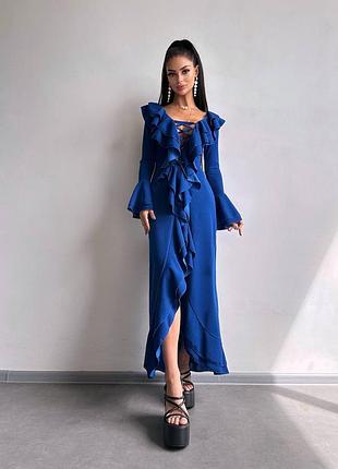 ❗ексклюзив❗праздничное платье с воланами рюшами шнуровкой на груди и длинным рукавом бохо меди