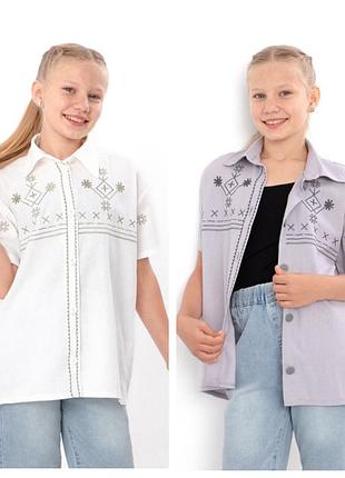 Сорочка лляна з вишивкою для дівчинки підліткова з коротким рукавом, вишиванка лляна з коротким рукавом на гудзиках,вишита сорочка підліткова