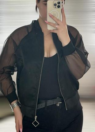 Бомбер жіночий з прозорими рукавами чорний