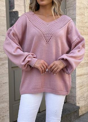 Свитер женский ажурный нарядный оверсайз цвет пудра батал 48-58 р