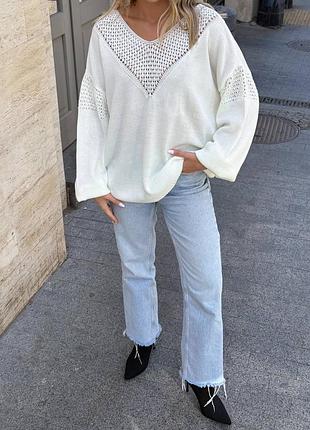 Свитер женский ажурный нарядный оверсайз цвет белый батал 48-58 р