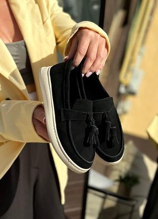 Натуральные замшевые черные мокасины - лоферы с косточками