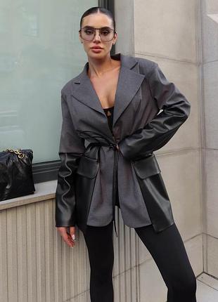 Пиджак жакет на запах оверсайз воротник вставки эко кожа шерсть тренч кармана