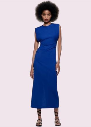 Сукня міді жіноча з розрізом ззаду зібрана на талії zara xs синя