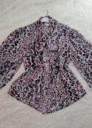 Прозора блуза з бантом принт леопард прикрашена люрексом