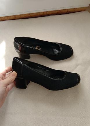 Итальянские туфли толстый каблук замша + кожа