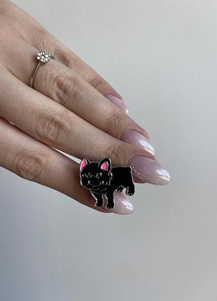 Пін значок металевий брошка чорний французький бульдог з рожевими вушками