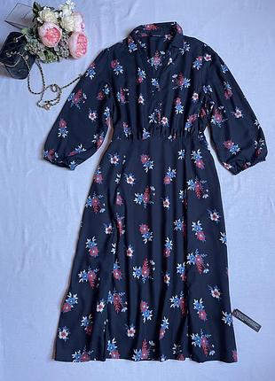 Темно синя сукня міді в квіти від roman
