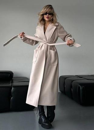 Пальто женское кашемировое на запах длинное с поясом миди классическое повседневное стильное с воротником и карманами бежевое