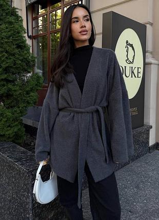 Кардиган женский удлиненный оверсайз на запах с поясом альпака мягкий свитер оверсайз серый графит