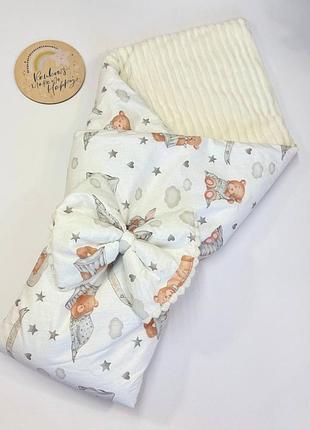 Теплий плед конверт для новонародженого на виписку плюш + бавовна з бантом