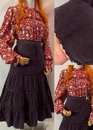 Вінтажна ярусна вельветова пишна спідниця з вельвету квіткова вишивка