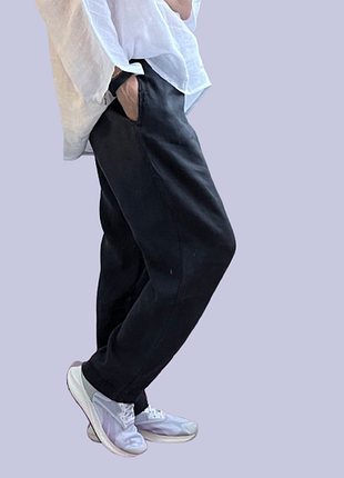 Черные льняные брюки на резинке женские h&m м/46