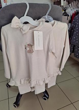 Новый детский комплект для девочки на рост 80, 86, ткань рубчик, повязка, лосины и туника flamingo