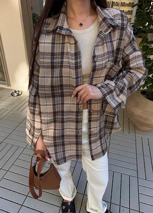 Хлопковая рубашка в клетку в клетку коричневый шоколадный бежевый