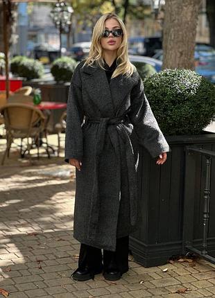 Теплое зимнее шерстяное кашемировое пальто с поясом