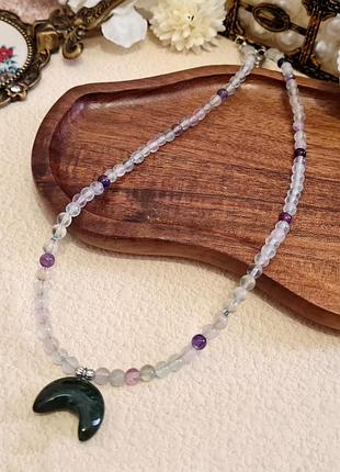 🔺🌛💜 бусы чокер оберег "лунница" натуральный флюорит и индийский агат