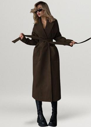 Пальто женское кашемировое на запах длинное с поясом миди классическое повседневное стильное с воротником и карманами шоколадное коричневое