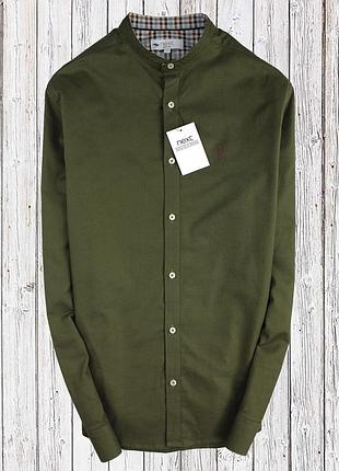 Стречевая коттоновая рубашка с воротничком стойка, плотный оксфорд котон