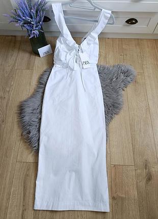 Белое хлопковое миди платье с оборками от zara, размер xs