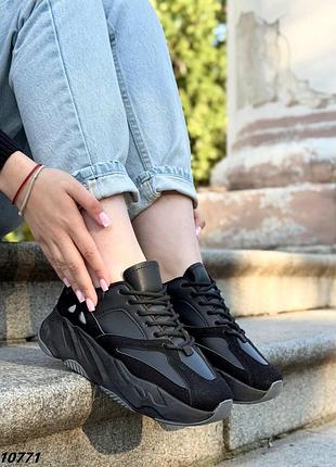 Код 10771 кроссовки черные эко кожа + эко-замша