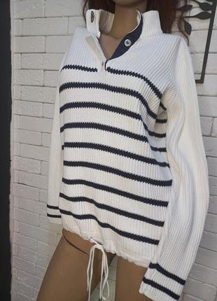 Качественная, фирменная, коттоновая, номерная, вязаная кофта, с пуговицами, с завязкой, в полоску