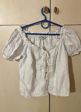 Блуза топ  оверсайз льняна льон 100%  з об’ємними рукавами воланами рюшами  біла zara