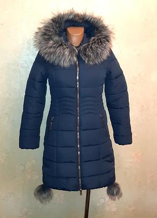 🎁1+1=3 стильний синій подовжений пуховик куртка на дівчинку 8 - 10 років