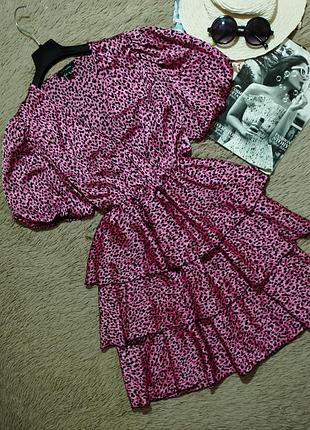 Красивое ярусное платье леопард с рукавами-фонариками/платье/ сарафан