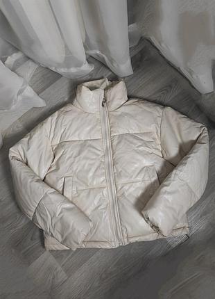 Молочная куртка пуфер, короткая куртка, кожаная куртка