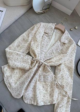 Лляний піджак в квітковий принт ❤️ універсальний 42-46, з підкладкою, мод 049