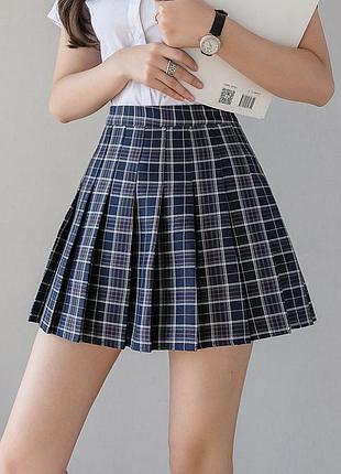 Синяя юбка в клетку 6633 на девочку подростка мини юбка теннисная с шортиками в классическом школьном стиле аниме