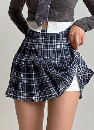 Теннисная юбка-шорты темно-синяя 6628 в клетку мини юбка в складку плиссе на девочку подростковая девчачья xs-xl