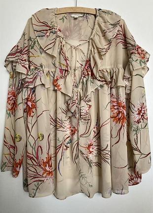 Бежевая объемная шифоновая блуза в стиле бохо с рюшами и завязками романтическая оверсайз блуза с длинными рукавами в цветы