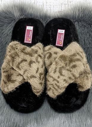 Тапочки женские меховые fangre бежевые переплет с леопардовым принтом 8040