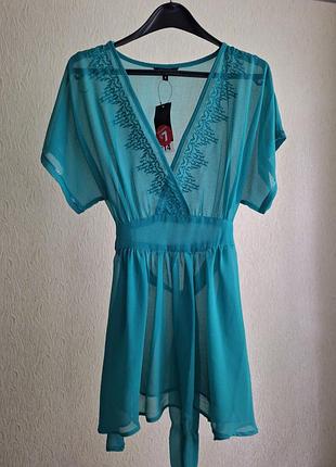 Полупрозрачная туника. блуза клеш. топ мятный. вышивк